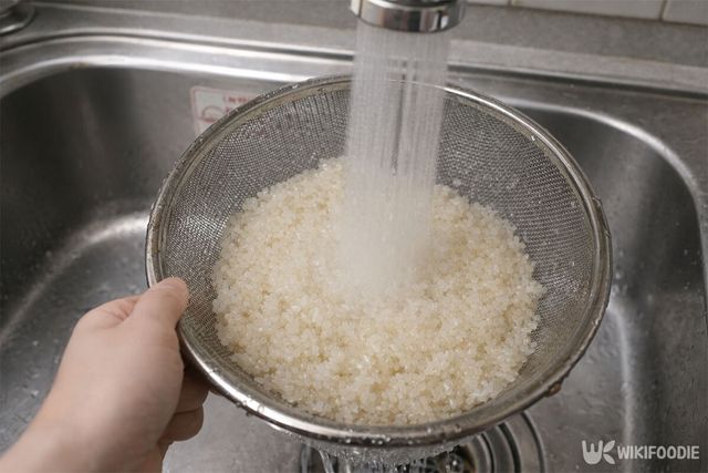 묵은쌀을 찬물에 헹구고 있다. / 위키푸디