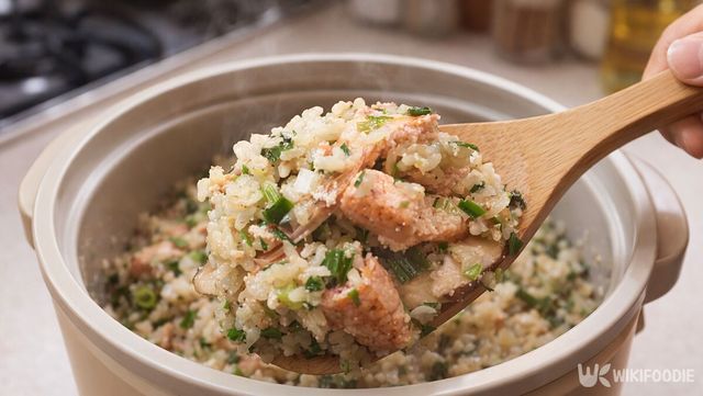 명란솥밥을 주걱으로 한술 뜨고 있다. / 위키푸디