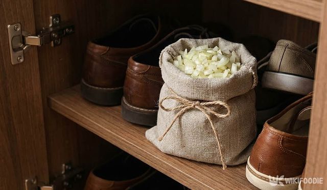 잘게 썬 양파가 신발장에 놓여 있다. / 위키푸디