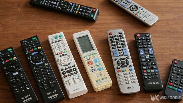 여러 종류의 리모컨들이 탁자 위에 놓여 있다. / 위키푸디
