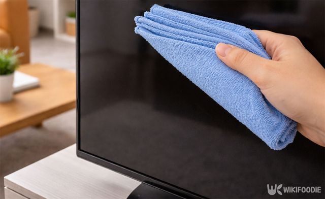 린스를 묻힌 수건으로 TV를 닦고 있다. / 위키푸디