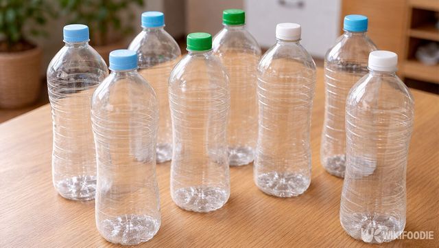 빈 페트병들이 탁자 위에 놓여 있다. / 위키푸디