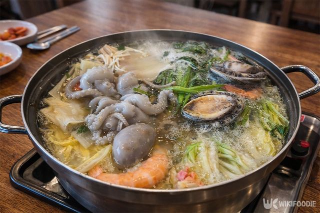 낙지와 각종 채소를 넣고 끓인 갈낙탕이 식탁에 놓여 있다. / 위키푸디