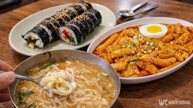 식당 식탁에 칼국수, 김밥, 떡볶이가 놓여 있다. / 위키푸디