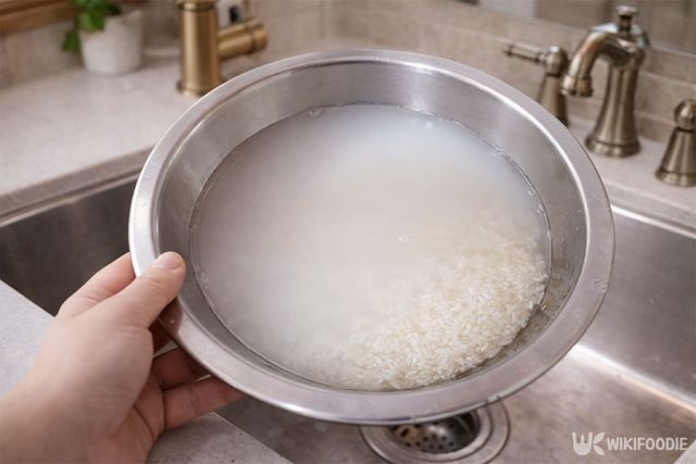 씽크대에서 쌀뜨물이 담긴 그릇을 들고 있다. / 위키푸디