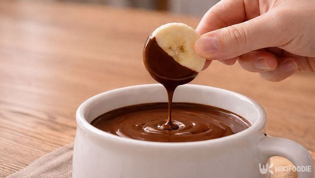 바나나를 초콜릿 퐁듀에 찍은 모습이다. / 위키푸디