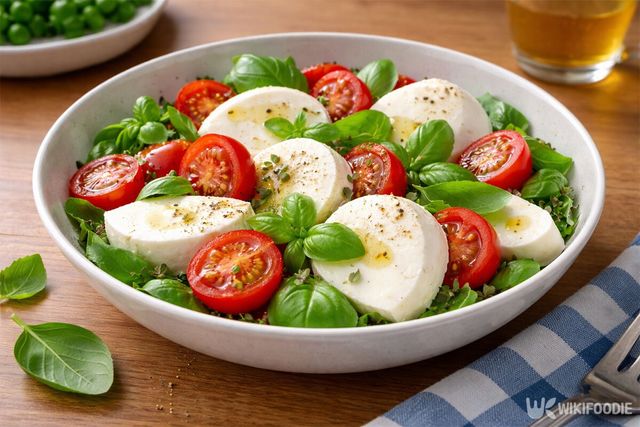모차렐라 치즈와 토마토가 담긴 샐러드가 그릇에 담겨 있다. / 위키푸디