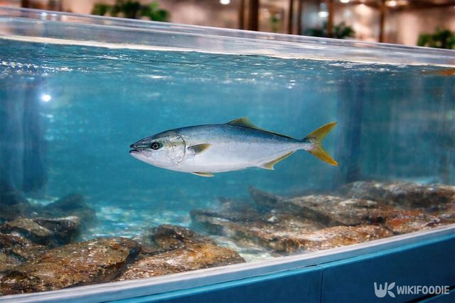 횟집 수조에서 방어가 헤엄치고 있다. / 위키푸디