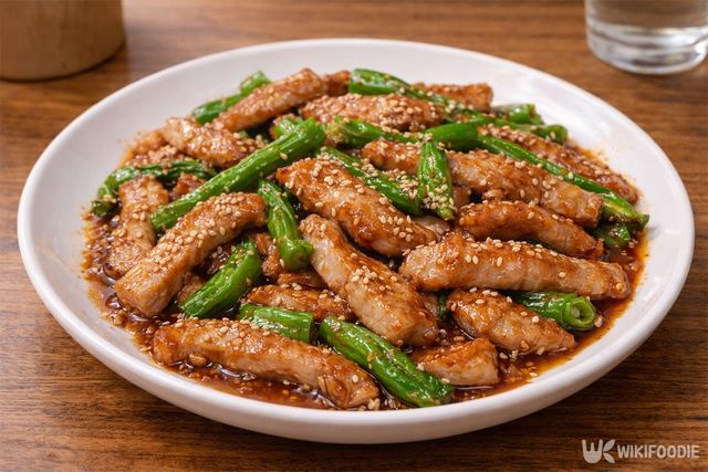 완성된 항정살 꽈리고추 볶음이 접시에 담겨 있다. / 위키푸디