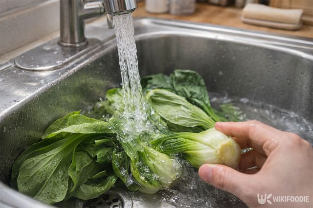 청경채에 묻은 흙을 씻고 있다. / 위키푸디
