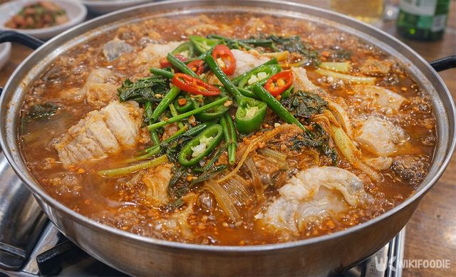 묵은지를 넣은 칼칼한 꼼치 물메기탕이 끓고 있다. / 위키푸디