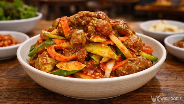 매콤한 양념에 채소를 더해 버무린 골뱅이무침 한 접시이다. / 위키푸디