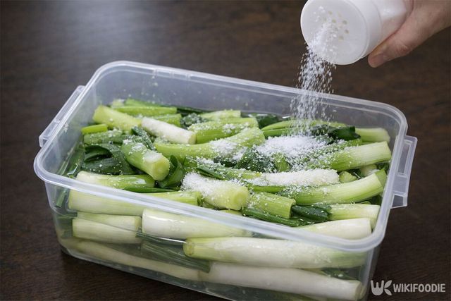 물에 담긴 대파에 소금을 넣고 있다. / 위키푸디