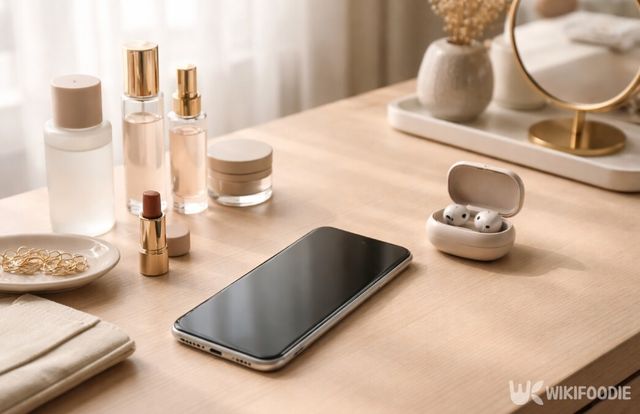 스마트폰과 뷰티 소품과 무선 이어폰이 놓여 있다. / 위키푸디