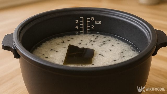 밥물 위에 다시마 한 조각을 올린 채로 끓이기 전 모습이다. / 위키푸디