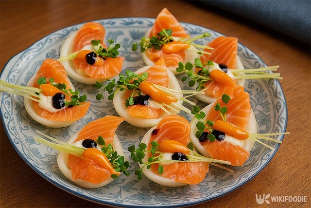 연어, 양파, 무순으로 만든 쌈이 접시에 담겨 있다. / 위키푸디