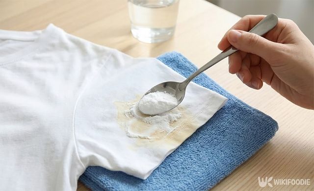 누런 때에 베이킹소다를 바르고 있다. / 위키푸디