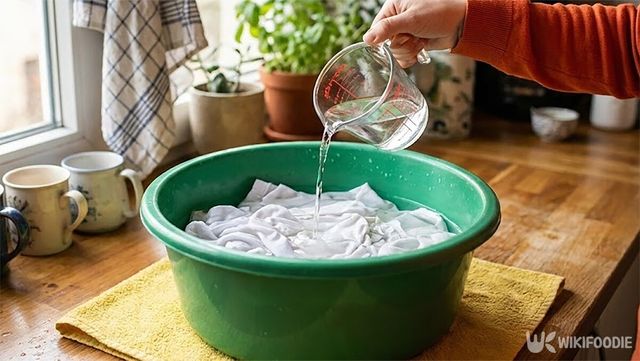 흰옷을 대야에 담가 식초를 붓고 있다. / 위키푸디