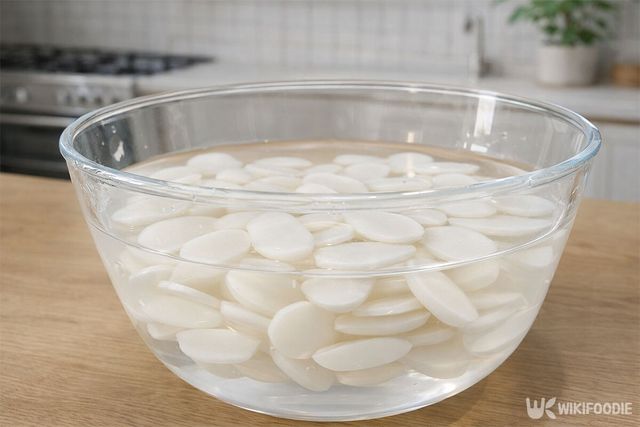 떡국 떡을 물에 불리고 있다. / 위키푸디