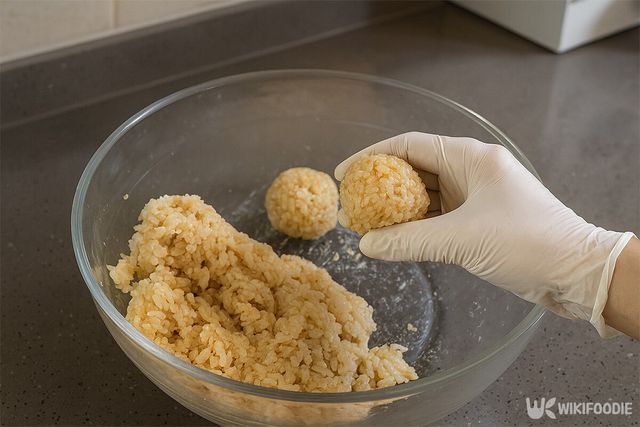 밥으로 주먹밥을 만들고 있다. / 위키푸디