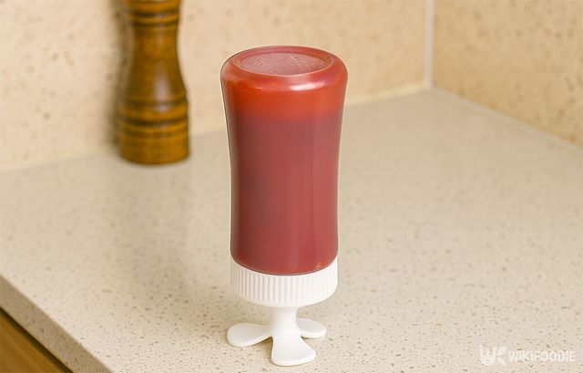 케첩이 거꾸로 세울 수 있는 통에 담겨 있다. / 위키푸디