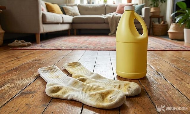 락스로 인해 흰 양말이 누렇게 변한 모습이다. / 위키푸디