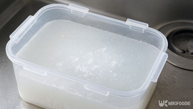 따뜻한 물과 과탄산소다를 풀어 플라스틱 반찬통의 기름때를 불리고 있는 모습이다. / 위키푸디