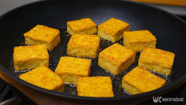 카레 가루가 묻은 두부를 프라이팬에서 지글지글 굽고 있다. / 위키푸디