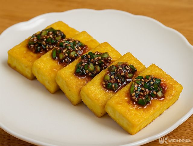 양념장을 올린 카레 두부 부침이 접시에 담겨 있다. / 위키푸디