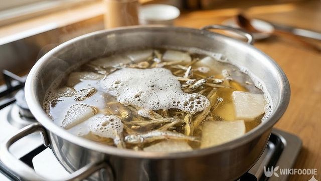 멸치 육수에 흰 거품이 생긴 모습이다. / 위키푸디