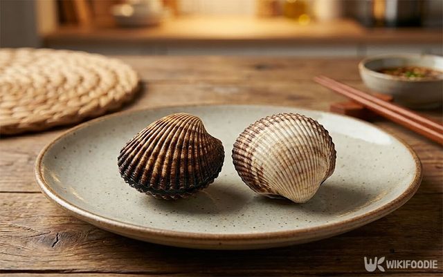 참꼬막과 새꼬막이 접시에 놓여 있다. / 위키푸디