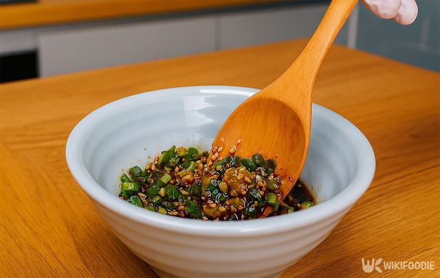 쪽파, 청양고추, 다진 마늘 등을 섞어 양념장을 만들고 있다. / 위키푸디