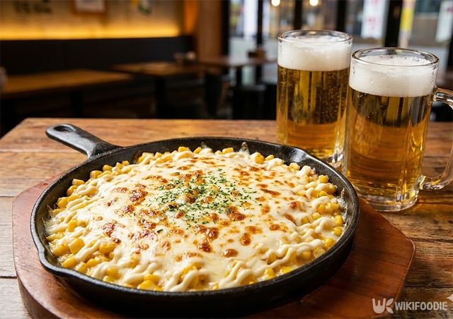 맥주 두 잔과 콘치즈가 놓여 있다. / 위키푸디