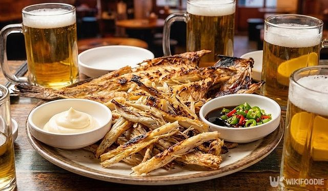 맥주잔 사이에 황태구이가 놓여 있다. / 위키푸디