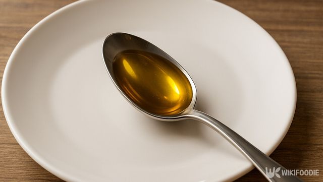 은은한 황금빛 올리브유가 숟가락 위에 담긴 모습이다. / 위키푸디