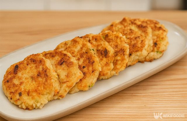 노릇노릇하게 구워진 참치밥전이 접시에 담겨 있다. / 위키푸디