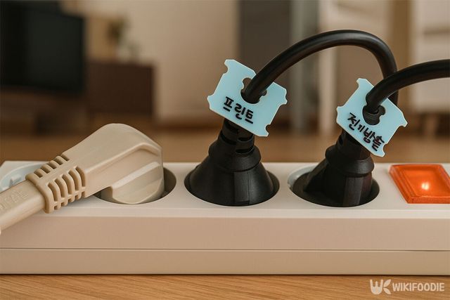 전선에 빵 클립을 꽂은 모습이다. 빵 클립에는 각각 이름이 적혀 있다. / 위키푸디