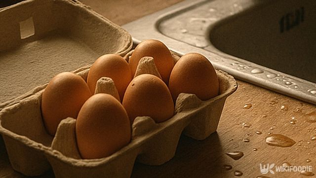 싱크대 옆에 놓인 계란 모습이다. / 위키푸디