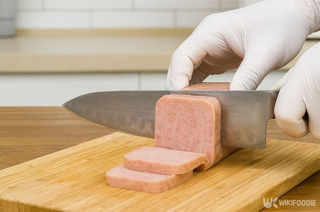 스팸을 일정한 두께로 썰고 있다. / 위키푸디