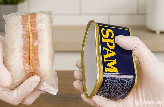 재료를 쌓은 비닐을 스팸 통에서 빼고 있다. / 위키푸디