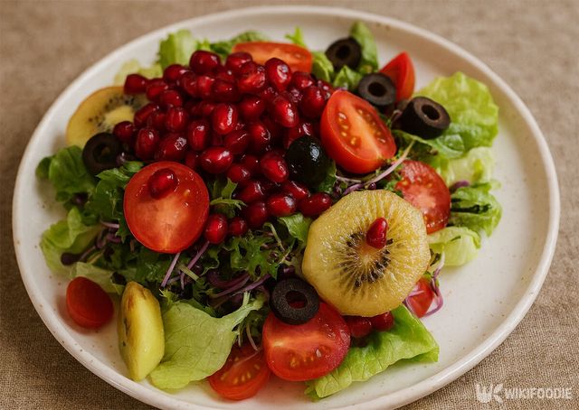 석류가 듬뿍 올라간 샐러드가 접시에 담겨 있다. / 위키푸디