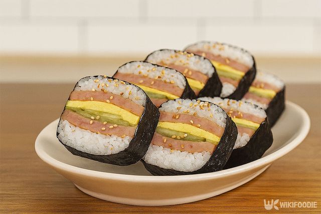 완성된 스팸 무스비가 접시에 담겨 있다. / 위키푸디