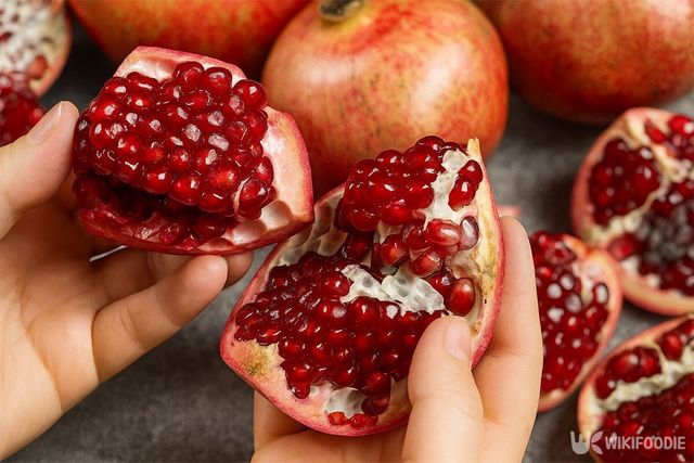석류 알맹이가 선명한 붉은 색을 띠고 있다. / 위키푸디