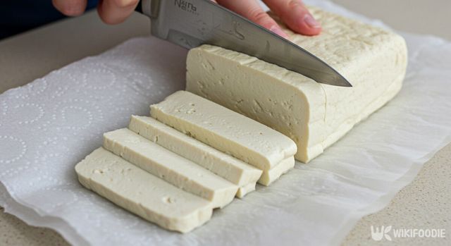 두부는 1cm 두께로 길쭉하게 썰은 다음 키친타월로 물기를 제거한다. / 위키푸디