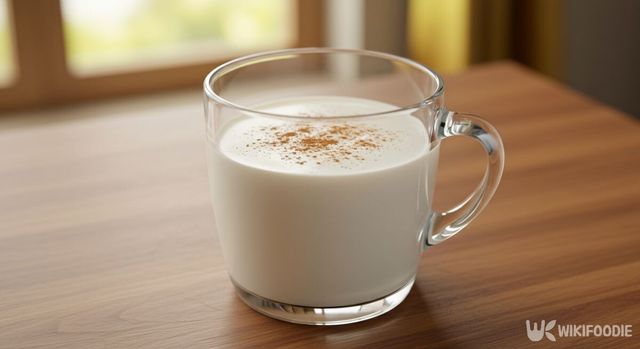 계피 가루가 뿌려진 따뜻한 우유가 식탁에 놓여 있다. / 위키푸디