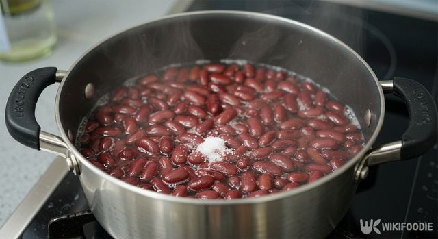 콩이 익어가며 풋내가 사라지고 구수한 냄새가 올라오면 물을 반쯤 따라낸다. / 위키푸디