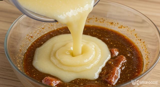 곱게 간 배를 고기 양념에 더하고 있다. / 위키푸디