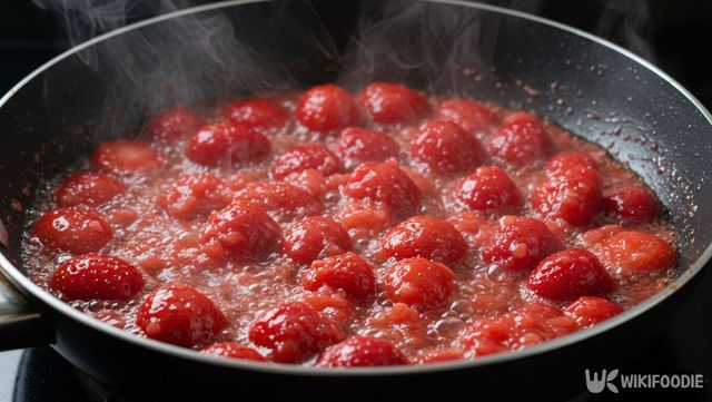 으깬 딸기를 프라이팬에 끓이는 모습. / 위키푸디