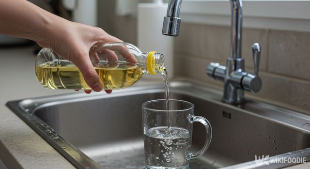 물컵에 식초를 붓는 모습. 실제로는 2방울이면 충분하다. / 위키푸디