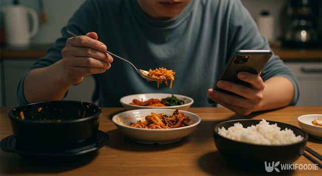 스마트폰을 보며 밥 먹는 모습. / 위키푸디